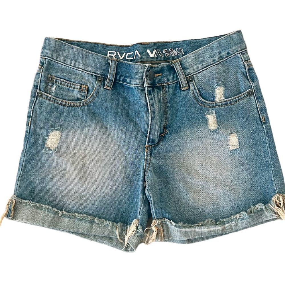 RVCA Jean Shorts Womens Fray Hem Distressed Low Rise Faded